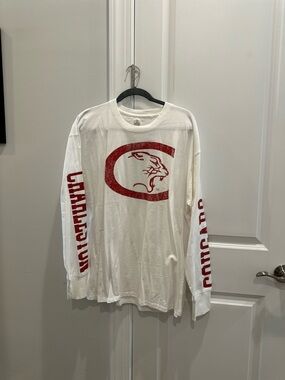 White Long-Sleeve College of Charleston Cougar Graphic Shirt with Red Print